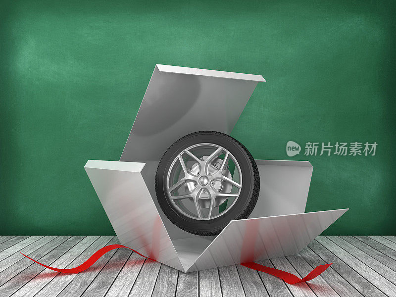 礼品盒与汽车车轮在黑板背景- 3D渲染